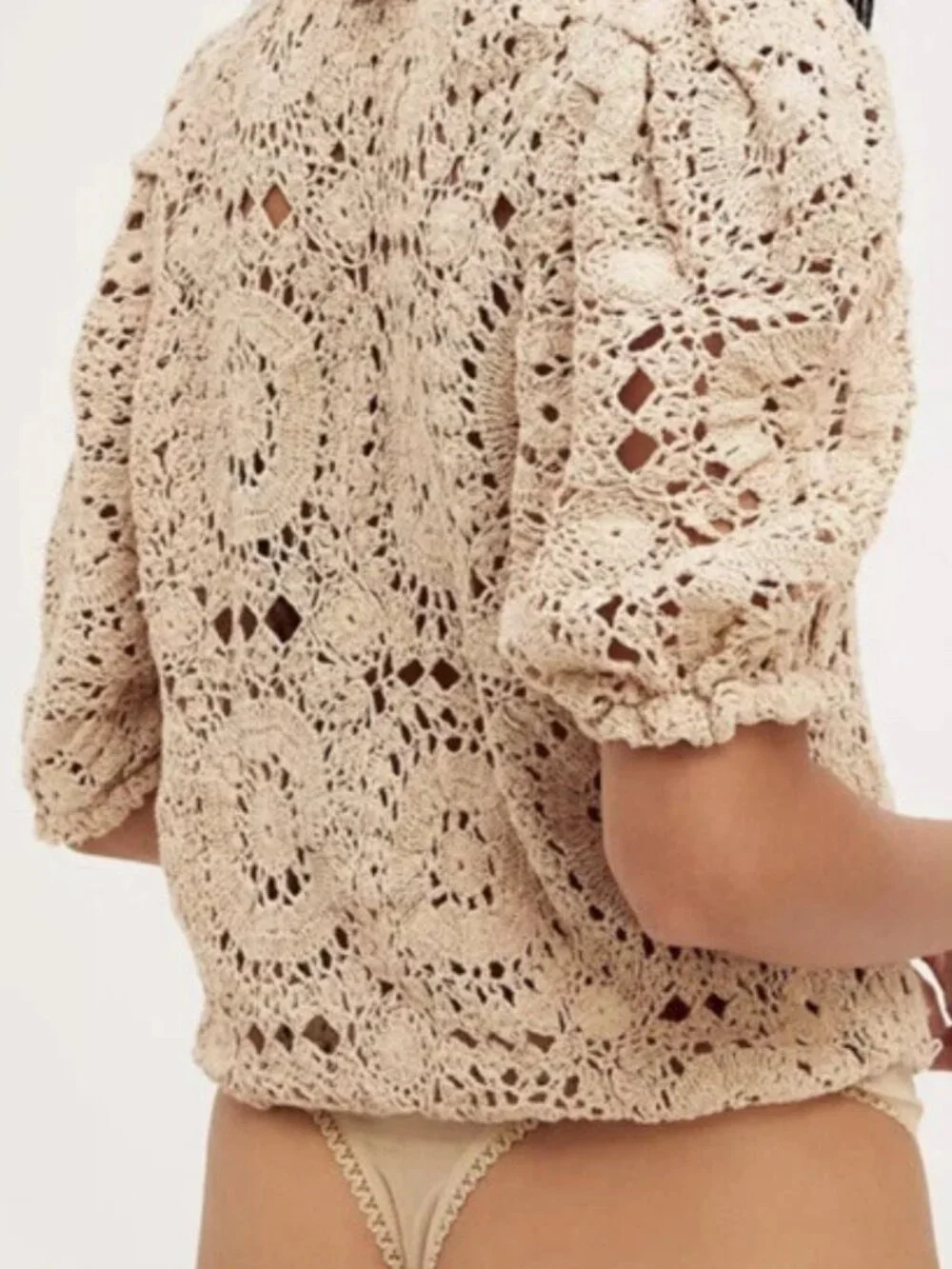 Free People Sand Dune Crochet Puff Sleeve Mesh Bodysuit Top Natural XS EUC